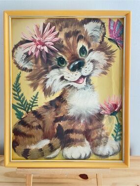 Vintage Yellow Framed Baby Tiger Print Children's Wall Art Nursery Decor